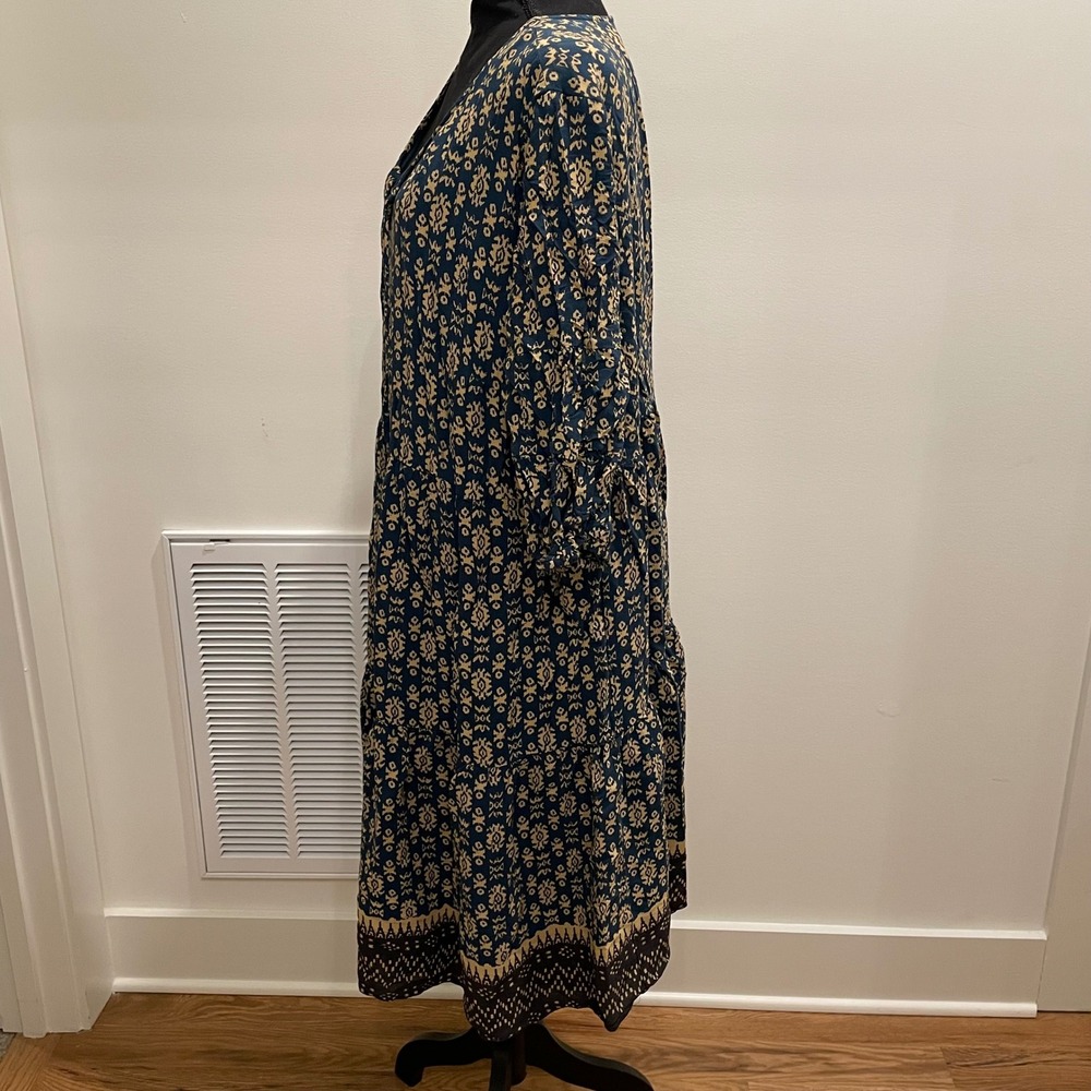 Ryllace Boho Floral V Neck Midi Dress Size 22 Teal Tan Tiered - Picture 2 of 6